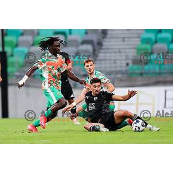 Peter Agba of Olimpija, Tomislav Glavan of Mura and Ahmet Muhamedbegovic of Olimpija in action during Prva liga Telemach 2025/2026 football match between Olimpija and Mura in SRC Stozice, Ljubljana, Slovenia on July 19, 2025. Photo: Filip Barbalic