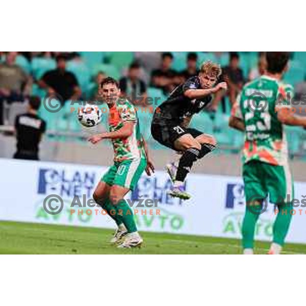 Dimitar Mitrovski of Olimpija and Zan Petrovic of Mura in action during Prva liga Telemach 2025/2026 football match between Olimpija and Mura in SRC Stozice, Ljubljana, Slovenia on July 19, 2025. Photo: Filip Barbalic