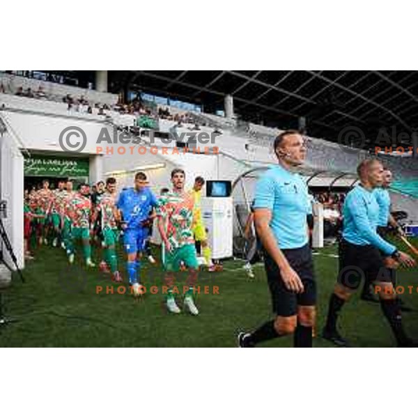 Agustin Doffo and players of Olimpija prior to Prva liga Telemach 2025/2026 football match between Olimpija and Mura in SRC Stozice, Ljubljana, Slovenia on July 19, 2025. Photo: Filip Barbalic