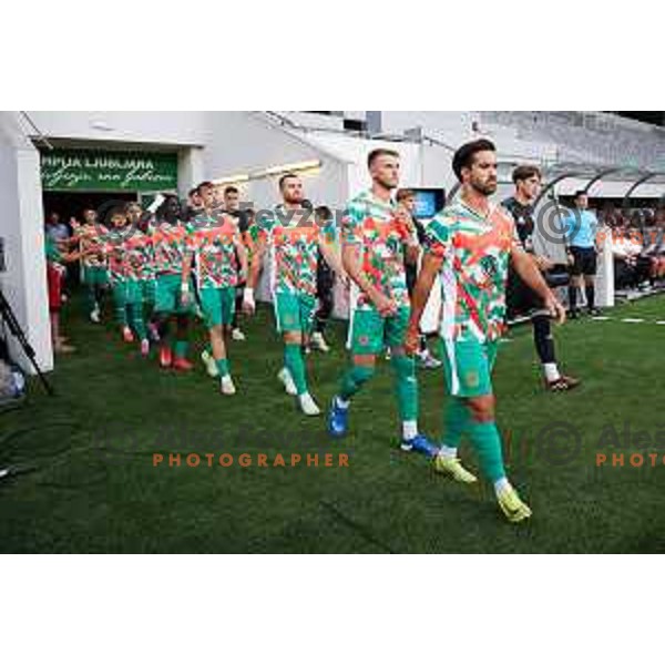 Diogo Almeida, Veljko Jelenkovic, Alex Matthias Tamm and Dino Kojic of Olimpija prior to Prva liga Telemach 2025/2026 football match between Olimpija and Mura in SRC Stozice, Ljubljana, Slovenia on July 19, 2025. Photo: Filip Barbalic