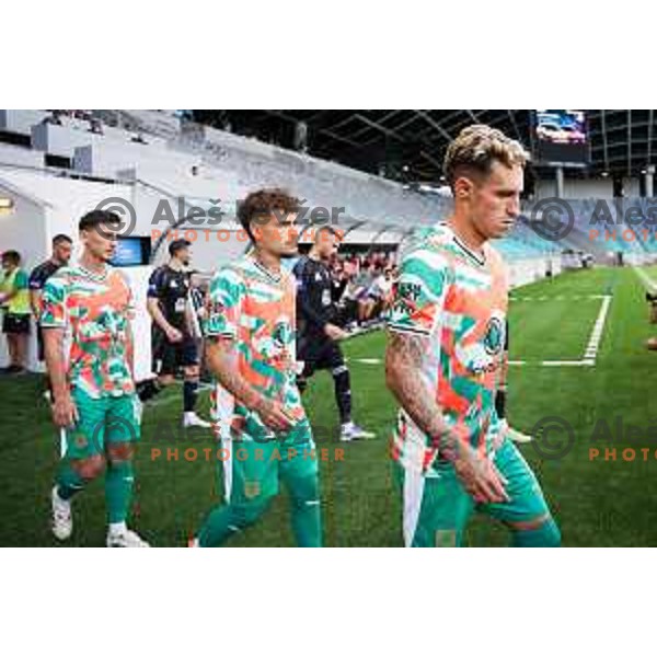 Alex Blanco, Diogo Pinto and Dimitar Mitrovski of Olimpija prior to Prva liga Telemach 2025/2026 football match between Olimpija and Mura in SRC Stozice, Ljubljana, Slovenia on July 19, 2025. Photo: Filip Barbalic