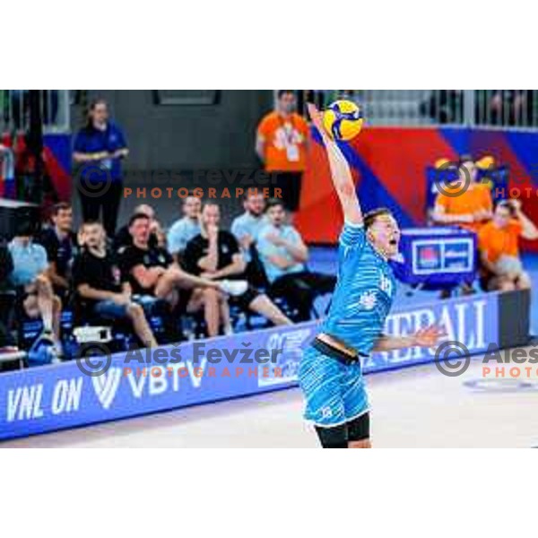 Rok Mozic of Slovenia in action during Men’s Volleyball Nations League match between Slovenia and Italy in Ljubljana, Slovenia on July 19, 2025.