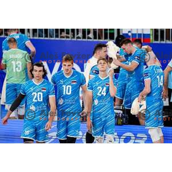 Nik Mujanovic, Saso Stalekar and Nejc Najdic of Slovenia during Men’s Volleyball Nations League match between Slovenia and Italy in Ljubljana, Slovenia on July 19, 2025