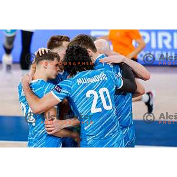 Nejc Najdic and Nik Mujanovic of Slovenia during Men’s Volleyball Nations League match between Slovenia and Italy in Ljubljana, Slovenia on July 19, 2025