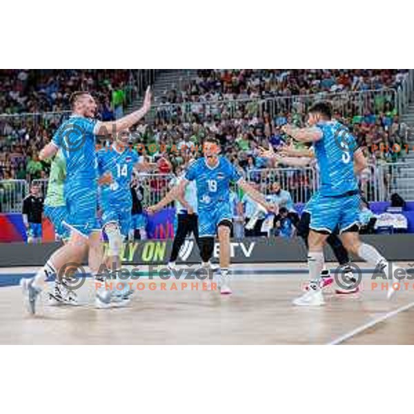 Rok Mozic of Slovenia in action during Men’s Volleyball Nations League match between Slovenia and Italy in Ljubljana, Slovenia on July 19, 2025
