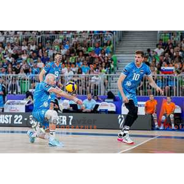 Ziga Stern of Slovenia in action during Men’s Volleyball Nations League match between Slovenia and Italy in Ljubljana, Slovenia on July 19, 2025