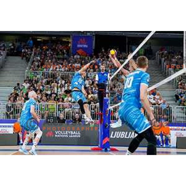 Rok Mozic of Slovenia in action during Men’s Volleyball Nations League match between Slovenia and Italy in Ljubljana, Slovenia on July 19, 2025