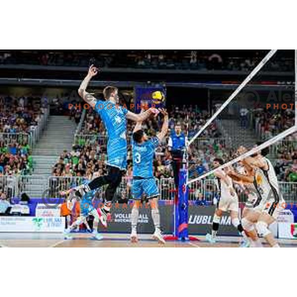 of Slovenia in action during Men’s Volleyball Nations League match between Slovenia and Italy in Ljubljana, Slovenia on July 19, 2025.