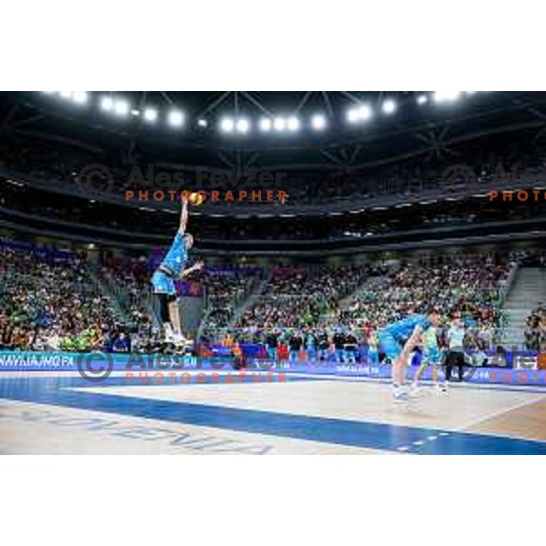 Rok Mozic of Slovenia in action during Men’s Volleyball Nations League match between Slovenia and Italy in Ljubljana, Slovenia on July 19, 2025