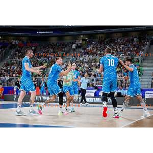 Rok Mozic of Slovenia in action during Men’s Volleyball Nations League match between Slovenia and Italy in Ljubljana, Slovenia on July 19, 2025