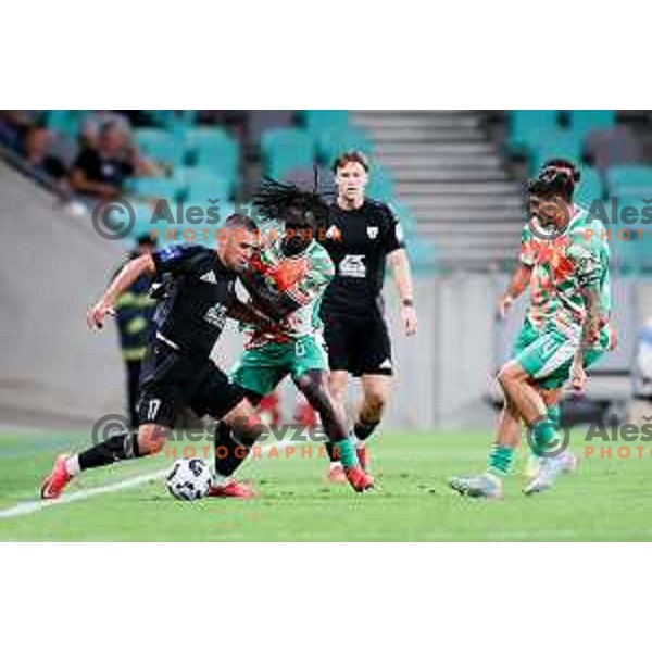 Amadej Marosa of Mura and Peter Agba of Olimpija in action during Prva liga Telemach 2025/2026 football match between Olimpija and Mura in SRC Stozice, Ljubljana, Slovenia on July 19, 2025. Photo: Filip Barbalic