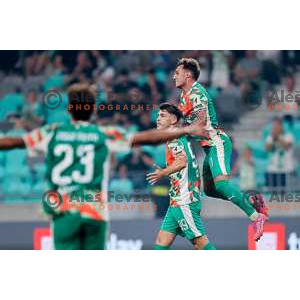 Antonio Marin and Alex Blanco celebrate goal during Prva liga Telemach 2025/2026 football match between Olimpija and Mura in SRC Stozice, Ljubljana, Slovenia on July 19, 2025. Photo: Filip Barbalic