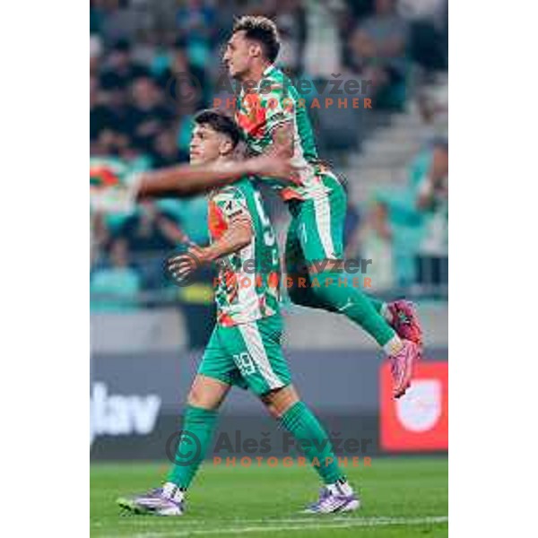 Antonio Marin and Alex Blanco celebrate goal during Prva liga Telemach 2025/2026 football match between Olimpija and Mura in SRC Stozice, Ljubljana, Slovenia on July 19, 2025. Photo: Filip Barbalic