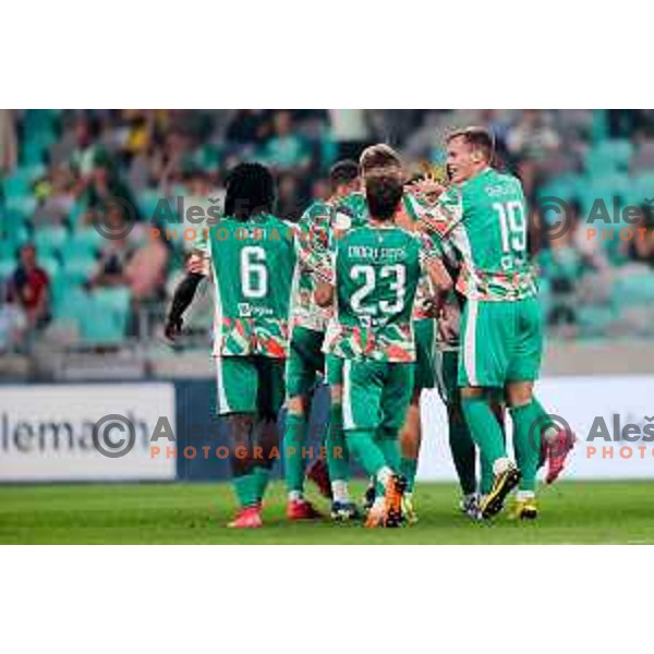 Players of Olimpija celebrate goal during Prva liga Telemach 2025/2026 football match between Olimpija and Mura in SRC Stozice, Ljubljana, Slovenia on July 19, 2025. Photo: Filip Barbalic