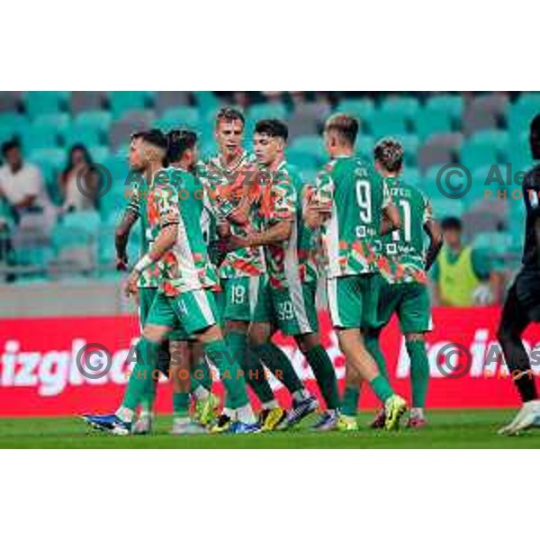 Players of Olimpija celebrate goal during Prva liga Telemach 2025/2026 football match between Olimpija and Mura in SRC Stozice, Ljubljana, Slovenia on July 19, 2025. Photo: Filip Barbalic