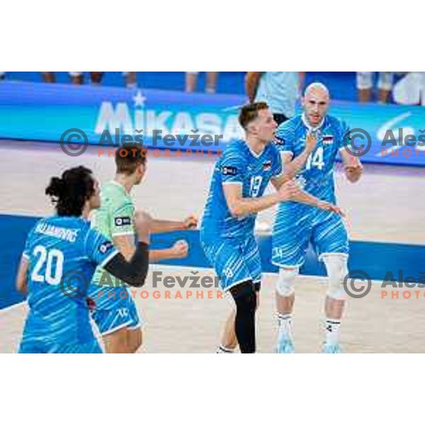 Rok Mozic of Slovenia in action during Men’s Volleyball Nations League match between Slovenia and Italy in Ljubljana, Slovenia on July 19, 2025.