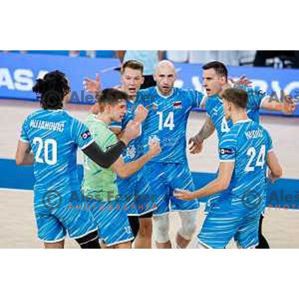 Ziga Stern of Slovenia in action during Men’s Volleyball Nations League match between Slovenia and Italy in Ljubljana, Slovenia on July 19, 2025