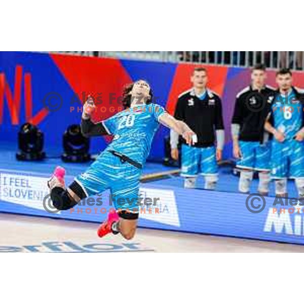 Nik Mujanovic of Slovenia in action during Men’s Volleyball Nations League match between Slovenia and Italy in Ljubljana, Slovenia on July 19, 2025