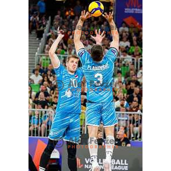 Saso Stalekar of Slovenia in action during Men’s Volleyball Nations League match between Slovenia and Italy in Ljubljana, Slovenia on July 19, 2025