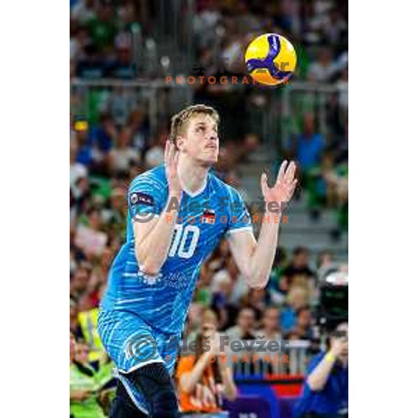 Saso Stalekar of Slovenia in action during Men’s Volleyball Nations League match between Slovenia and Italy in Ljubljana, Slovenia on July 19, 2025