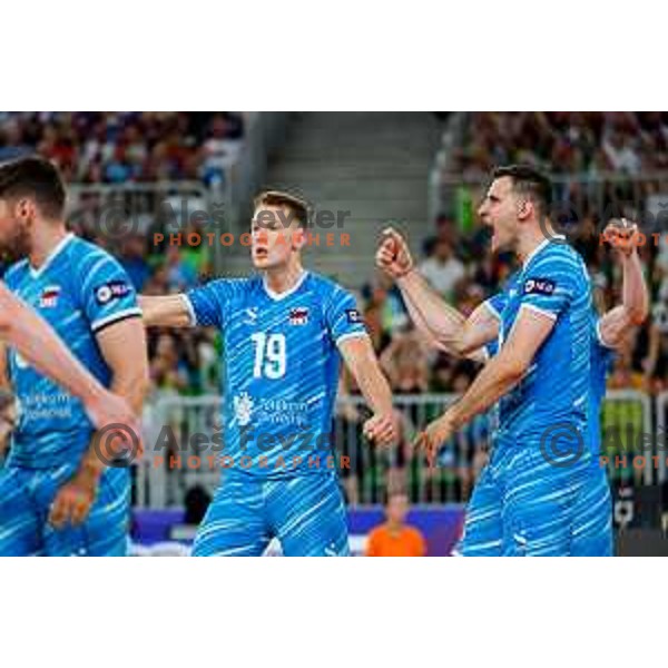 Rok Mozic of Slovenia in action during Men’s Volleyball Nations League match between Slovenia and Italy in Ljubljana, Slovenia on July 19, 2025.