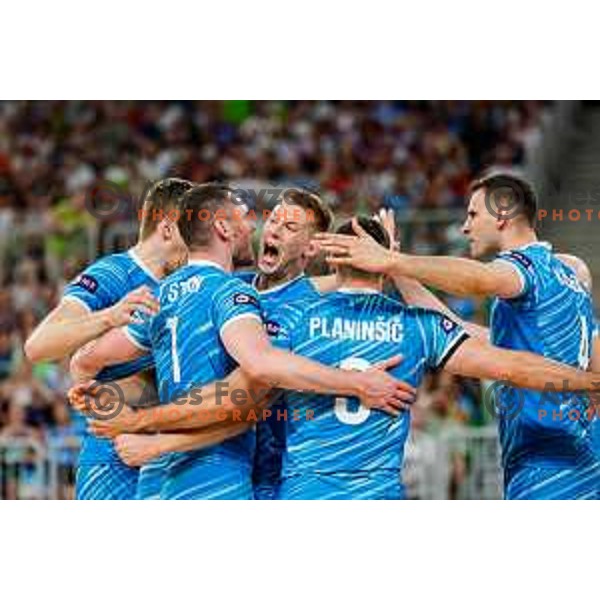 Rok Mozic of Slovenia in action during Men’s Volleyball Nations League match between Slovenia and Italy in Ljubljana, Slovenia on July 19, 2025.