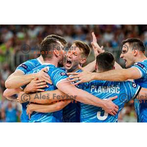Rok Mozic of Slovenia in action during Men’s Volleyball Nations League match between Slovenia and Italy in Ljubljana, Slovenia on July 19, 2025.