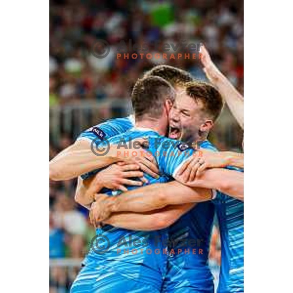 Rok Mozic of Slovenia in action during Men’s Volleyball Nations League match between Slovenia and Italy in Ljubljana, Slovenia on July 19, 2025.