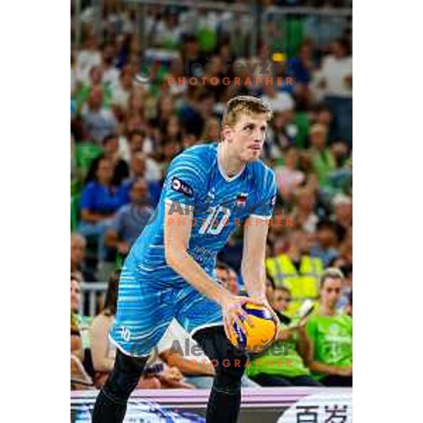 Saso Stalekar of Slovenia in action during Men’s Volleyball Nations League match between Slovenia and Italy in Ljubljana, Slovenia on July 19, 2025