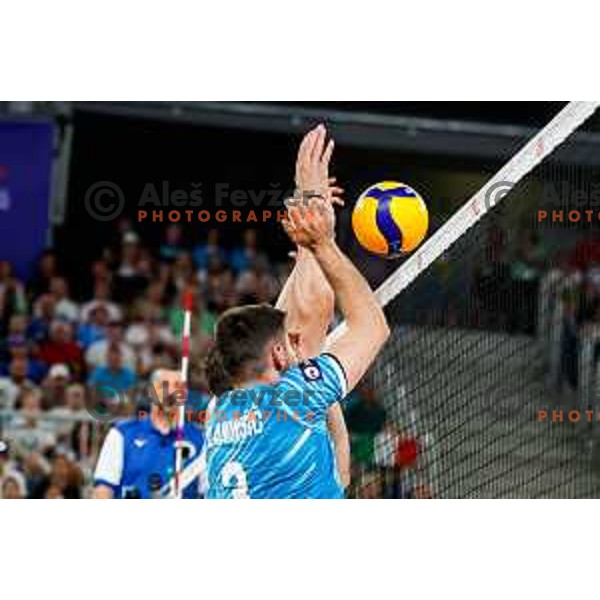 of Slovenia in action during Men’s Volleyball Nations League match between Slovenia and Italy in Ljubljana, Slovenia on July 19, 2025.