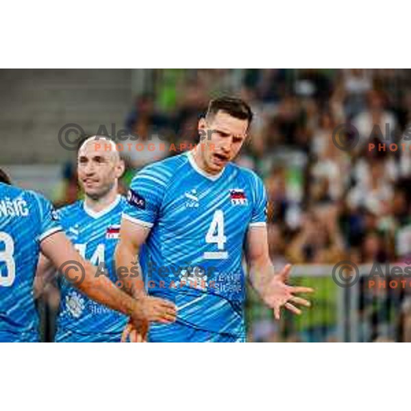 Jan Kozamernik of Slovenia in action during Men’s Volleyball Nations League match between Slovenia and Italy in Ljubljana, Slovenia on July 19, 2025