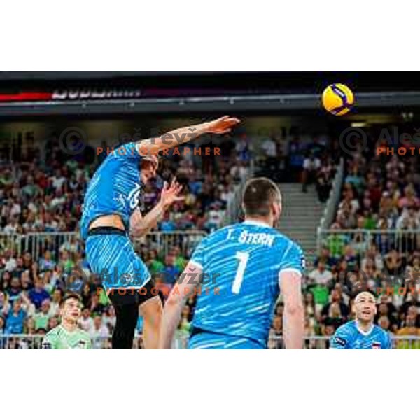 Rok Mozic of Slovenia in action during Men’s Volleyball Nations League match between Slovenia and Italy in Ljubljana, Slovenia on July 19, 2025.
