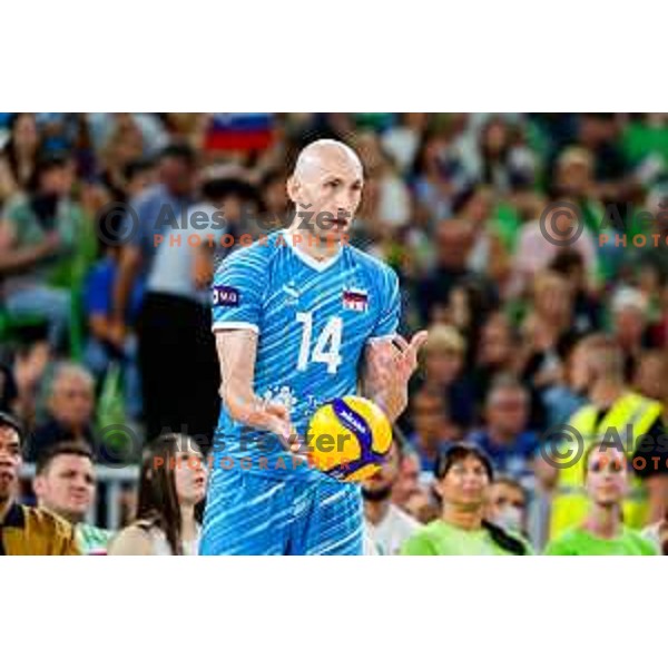 Ziga Stern of Slovenia in action during Men’s Volleyball Nations League match between Slovenia and Italy in Ljubljana, Slovenia on July 19, 2025