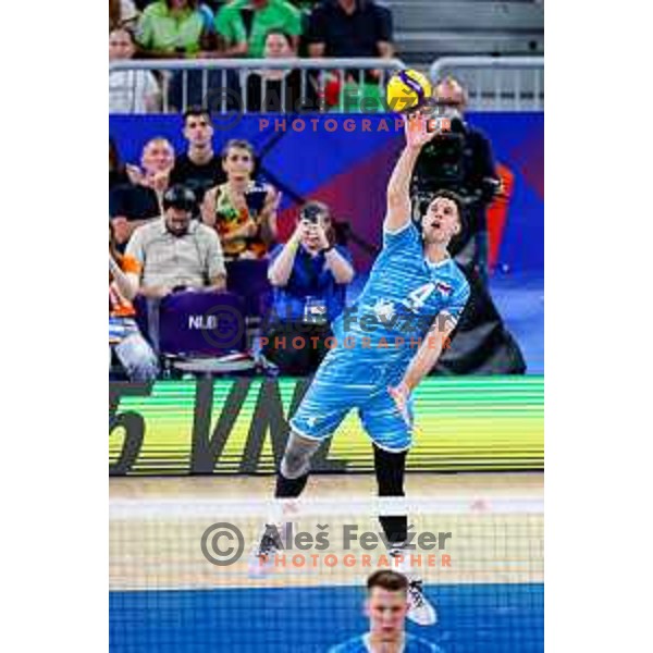 Jan Kozamernik of Slovenia in action during Men’s Volleyball Nations League match between Slovenia and Italy in Ljubljana, Slovenia on July 19, 2025