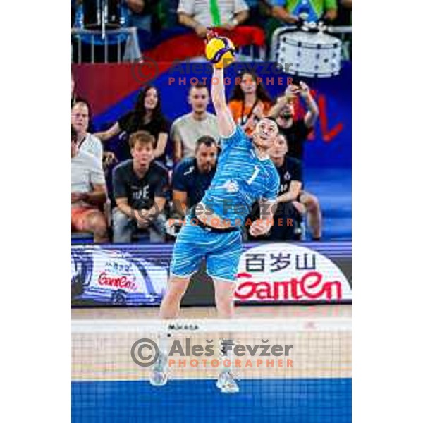 Toncek Stern of Slovenia in action during Men’s Volleyball Nations League match between Slovenia and Italy in Ljubljana, Slovenia on July 19, 2025