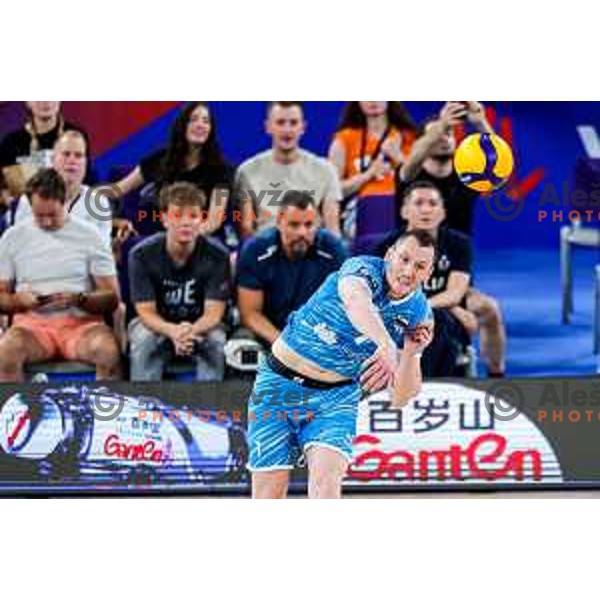 Toncek Stern of Slovenia in action during Men’s Volleyball Nations League match between Slovenia and Italy in Ljubljana, Slovenia on July 19, 2025