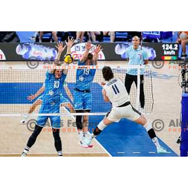 Rok Mozic of Slovenia in action during Men’s Volleyball Nations League match between Slovenia and Italy in Ljubljana, Slovenia on July 19, 2025