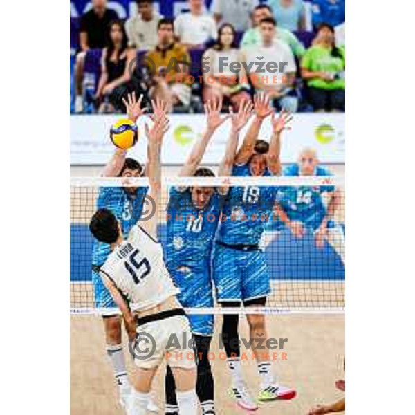 Rok Mozic of Slovenia in action during Men’s Volleyball Nations League match between Slovenia and Italy in Ljubljana, Slovenia on July 19, 2025