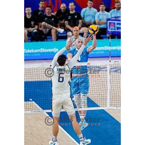 Ziga Stern of Slovenia in action during Men’s Volleyball Nations League match between Slovenia and Italy in Ljubljana, Slovenia on July 19, 2025