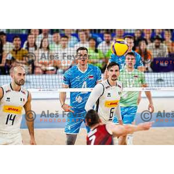 Jan Kozamernik of Slovenia in action during Men’s Volleyball Nations League match between Slovenia and Italy in Ljubljana, Slovenia on July 19, 2025