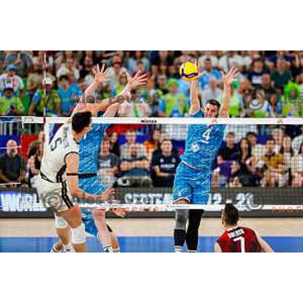 Jan Kozamernik of Slovenia in action during Men’s Volleyball Nations League match between Slovenia and Italy in Ljubljana, Slovenia on July 19, 2025