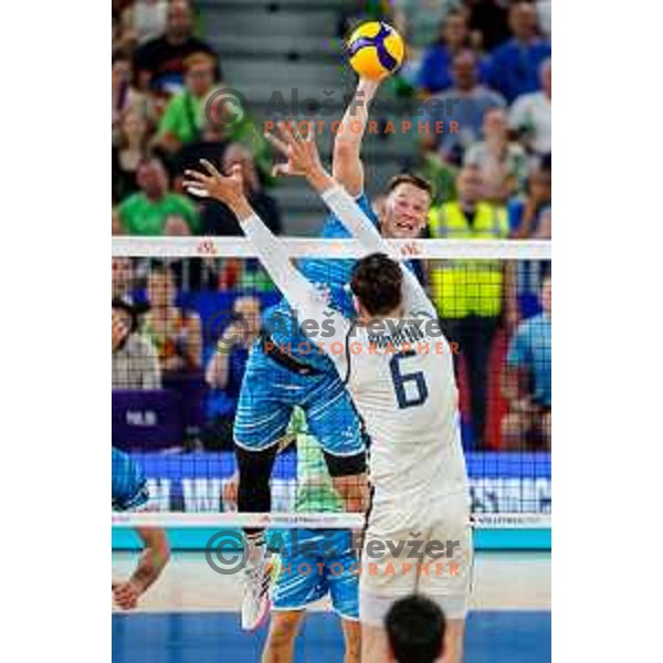 Rok Mozic of Slovenia in action during Men’s Volleyball Nations League match between Slovenia and Italy in Ljubljana, Slovenia on July 19, 2025