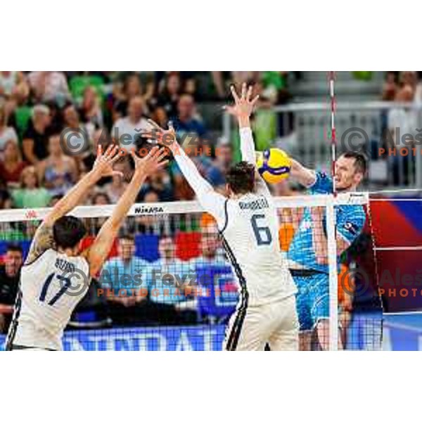 Toncek Stern of Slovenia in action during Men’s Volleyball Nations League match between Slovenia and Italy in Ljubljana, Slovenia on July 19, 2025
