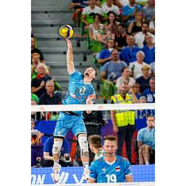 of Slovenia in action during Men’s Volleyball Nations League match between Slovenia and Italy in Ljubljana, Slovenia on July 19, 2025.