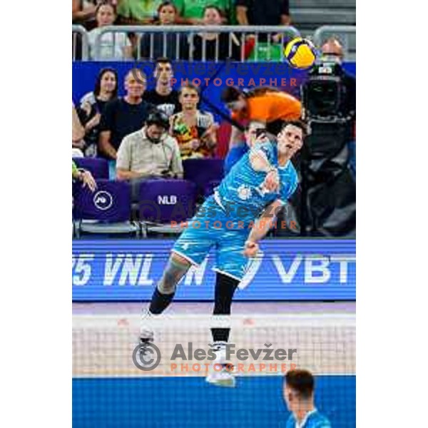 Jan Kozamernik of Slovenia in action during Men’s Volleyball Nations League match between Slovenia and Italy in Ljubljana, Slovenia on July 19, 2025