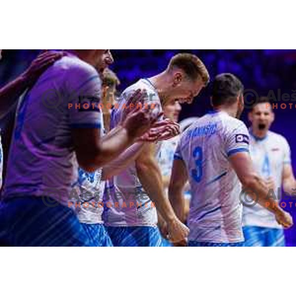 Rok Mozic of Slovenia in action during Men’s Volleyball Nations League match between Slovenia and Serbia in Ljubljana, Slovenia on July 20, 2025. Photo Grega Valancic
