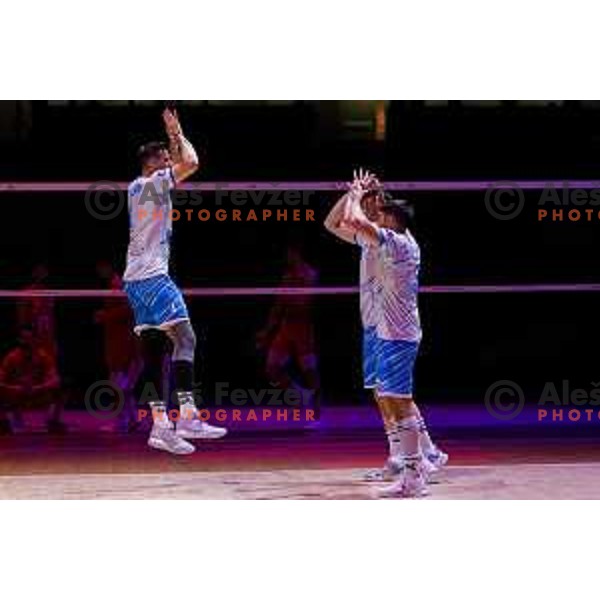 Jan Kozamernik of Slovenia in action during Men’s Volleyball Nations League match between Slovenia and Serbia in Ljubljana, Slovenia on July 20, 2025. Photo Grega Valancic