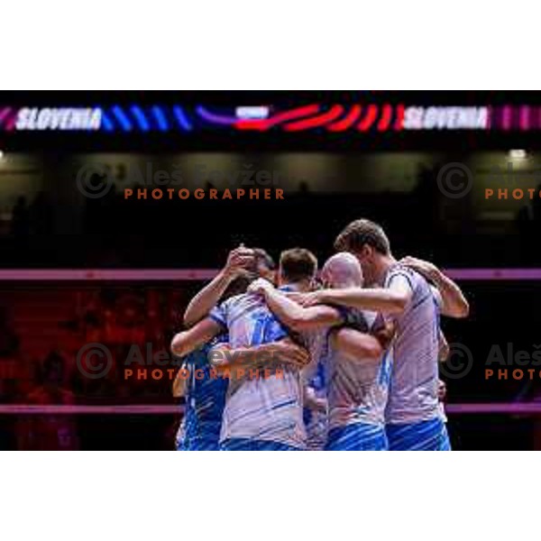 Team Slovenia in action during Men’s Volleyball Nations League match between Slovenia and Serbia in Ljubljana, Slovenia on July 20, 2025. Photo Grega Valancic