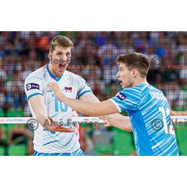 Saso Stalekar of Slovenia in action during Men’s Volleyball Nations League match between Slovenia and Serbia in Ljubljana, Slovenia on July 20, 2025. Photo Grega Valancic
