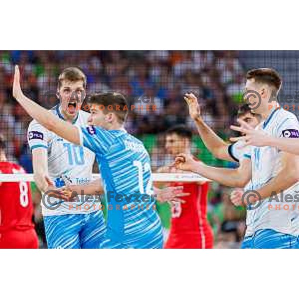 Saso Stalekar of Slovenia in action during Men’s Volleyball Nations League match between Slovenia and Serbia in Ljubljana, Slovenia on July 20, 2025. Photo Grega Valancic